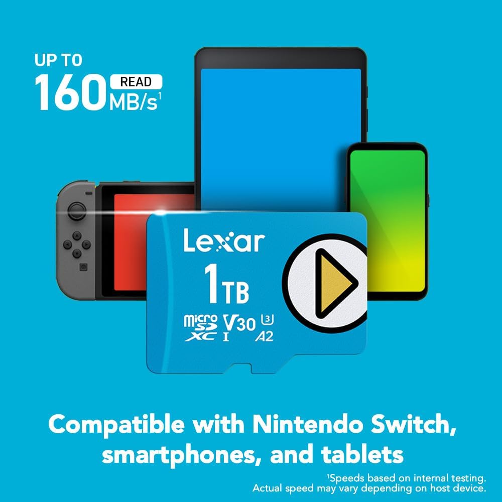 Lexar 1TB Play Blue Micro SD Card, UHS-I, C10, U3, V30, A2, 4K, Up to 160MB/s microSDXC Memory Card, Expanded Storage for Nintendo-Switch, Gaming Devices, Smartphones, Tablets (LMSPLBL001T-BNNNU)