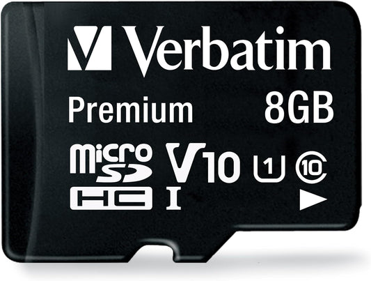 Verbatim 8GB Premium microSDHC Memory Card with Adapter UHS-I V10 Class 10 supports Full HD (1080p) U1 speed rated Up to 80MB/s read speed