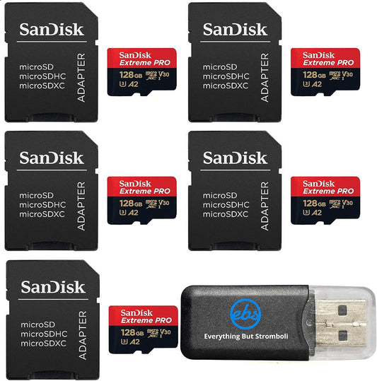 SanDisk 128GB Micro SDXC Extreme Pro Memory Card (Five Pack) Works with GoPro Hero 7 Black, Silver, Hero7 White UHS-1 U3 A2 Bundle with (1) Everything But Stromboli Micro Card Reader
